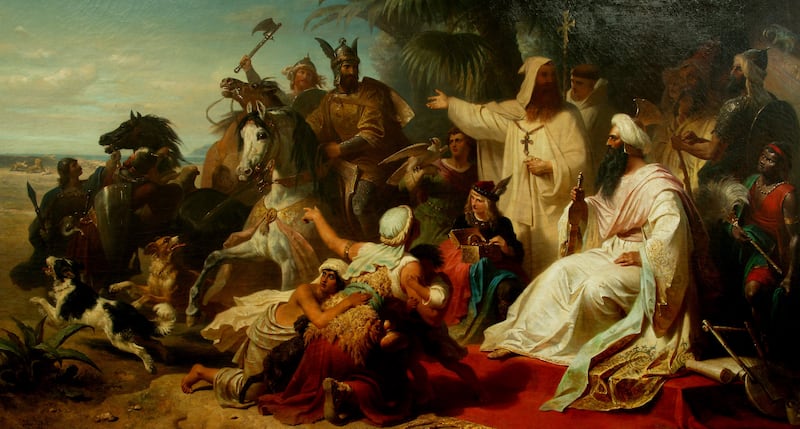 An oil painting of Harun Al Rashid receiving Charlemagne’s envoys, painted by Julius Kockert. Photo: Maximilianeum Munich