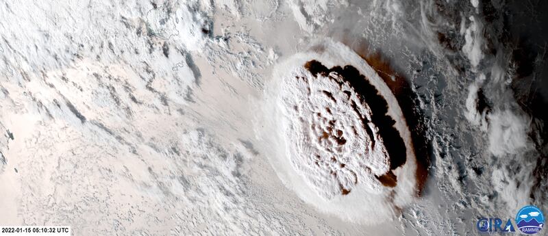 A handout image captured by NOAA's GOES-17 satellite and made available by the Regional and Mesoscale Meteorology Branch of National Oceanic and Atmospheric Administration/NESDIS shows an explosive eruption of the Hunga Tonga-Hunga Ha’apai volcano. Geologists in Tonga said the volcano continued to spew ash. EPA