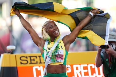 Gold medalist Shelly-Ann Fraser-Pryce of Jamaica, celebrates after winning the women's 100 meter final, during the IAAF World Athletics Championships, at  Hayward Field stadium, in Eugene, Oregon, USA, 17 July 2022.   EPA / JEAN-CHRISTOPHE BOTT POLAND OUT