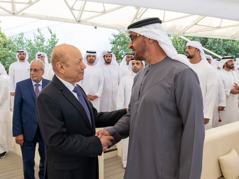 Sheikh Mohamed met Rashad Al Alimi, chairman of Yemen’s Presidential Leadership Council, in Abu Dhabi. Photo: Presidential Court