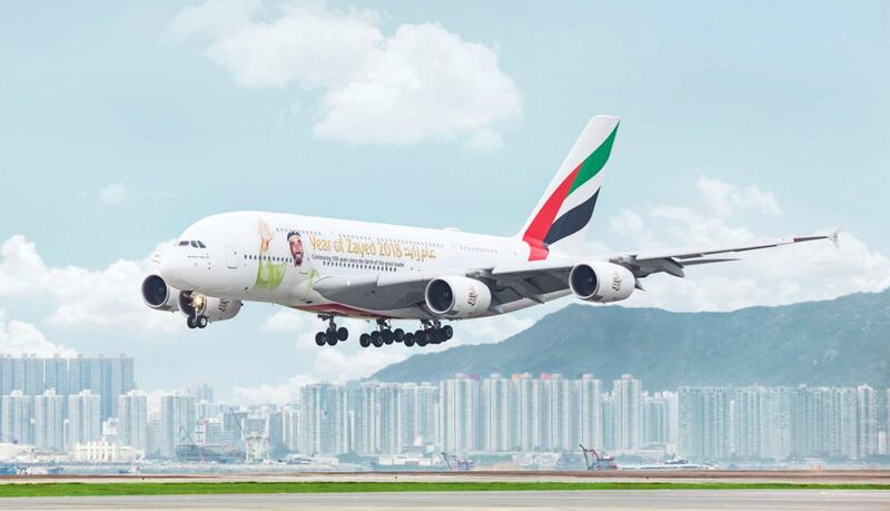 The Emirates Year of Zayed A380 makes a scenic landing in Hong Kong. Photo: Emirates