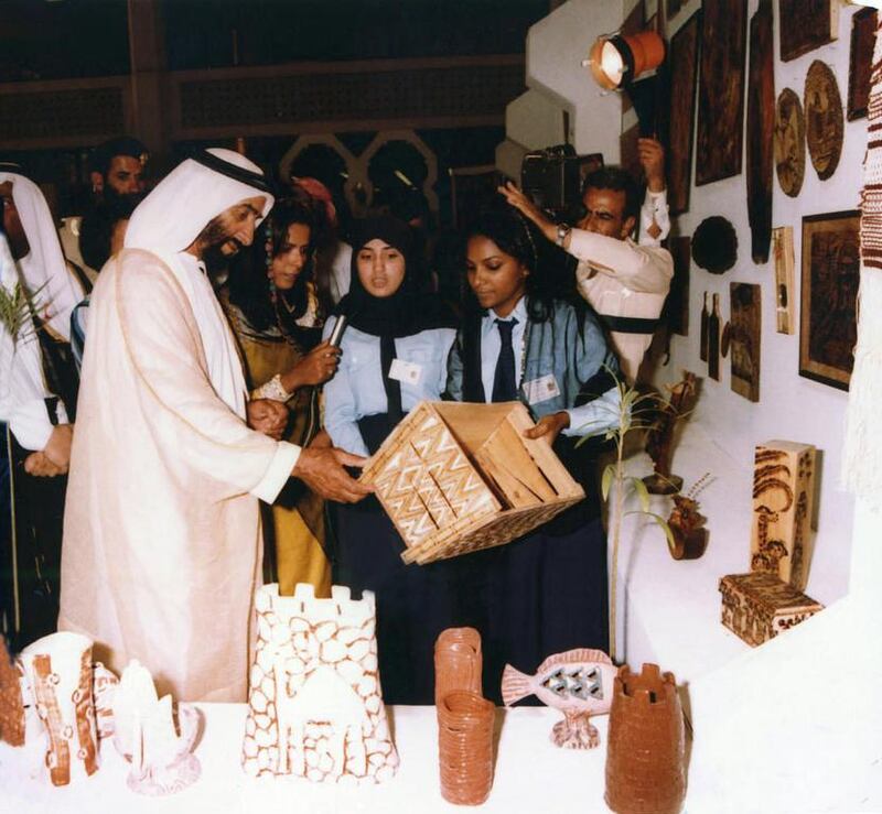 Sheikh Zayed visits the Heritage and Environmental Handicraft Exhibition in Abu Dhabi in 1988.