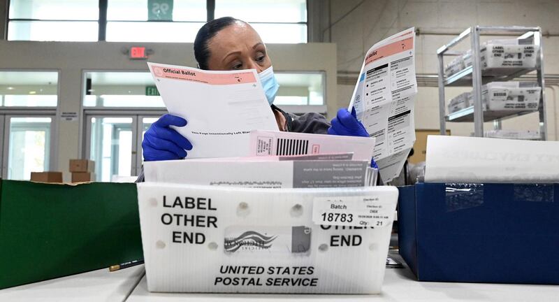 Clerk Geraldine Hernandez looks over ballots for mistakes are processed by the Los Angeles County Registrar in Pomona, California. AP Photo