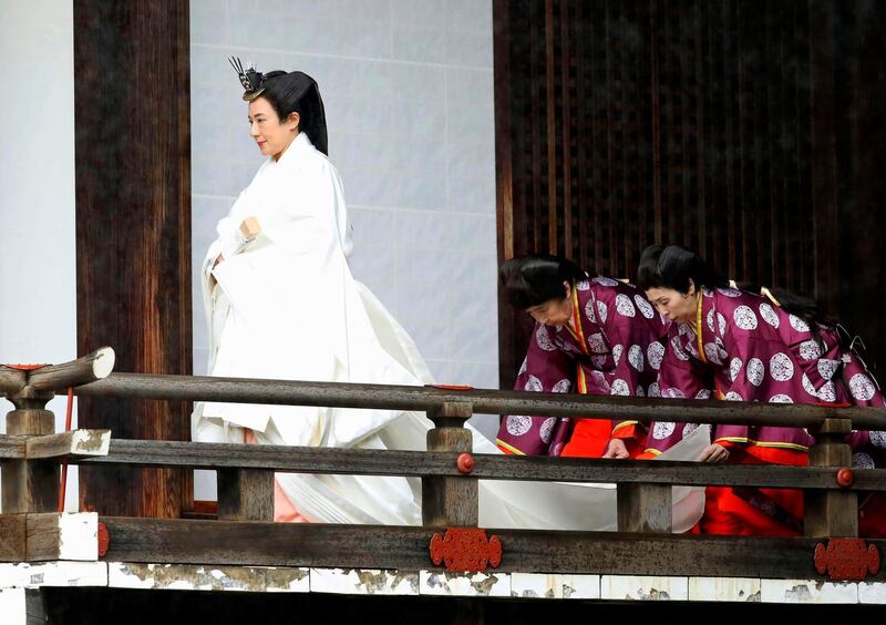 Japan's Empress Masako visits “Kashikodokoro”, one of three shrines at the Imperial Palace, in Tokyo, Tuesday, Oct. 22, 2019.  AP