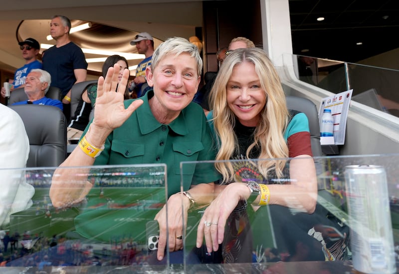 Ellen DeGeneres with wife Portia de Rossi at Super Bowl LVI. Getty Images