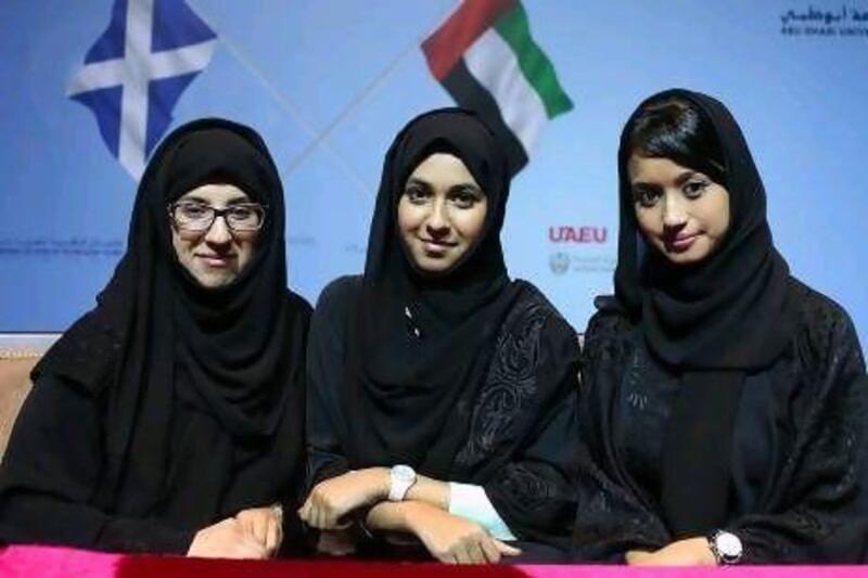 From left: Hanan Al Rayes, Marwa Al Awadhi and Radhya Mohamed are among the UAE students going to Scotland for the summer.