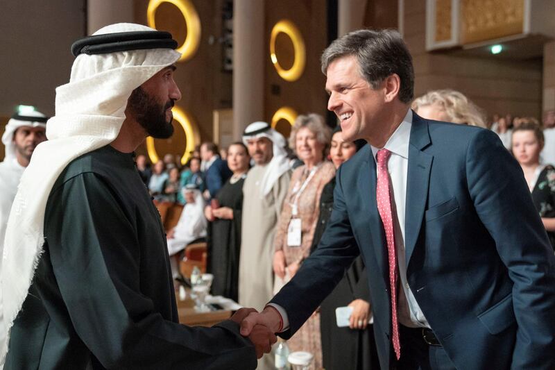 ABU DHABI, UNITED ARAB EMIRATES - March 13, 2019: HH Sheikh Nahyan Bin Zayed Al Nahyan, Chairman of the Board of Trustees of Zayed bin Sultan Al Nahyan Charitable and Humanitarian Foundation (L), greets Timothy Shriver, Chairman of the Special Olympics (R), prior to a lecture by Loretta Claiborne, Chief Inspiration Officer and Vice Chair of the Special Olympics International Board of Directors (not shown), titled "Changing the Game for Inclusion", at Emirates Palace. 
( Ryan Carter / Ministry of Presidential Affairs )?