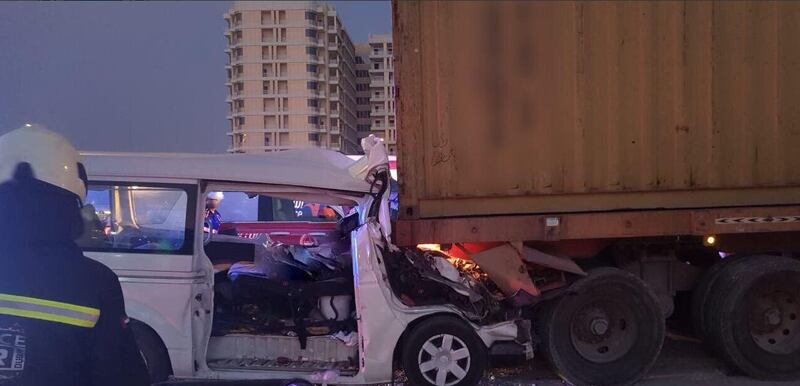 The minibus was partially crushed when it hit a stationary lorry on Sheikh Mohamed bin Zayed Road, near City Centre Mirdif mall. Courtesy Dubai Police