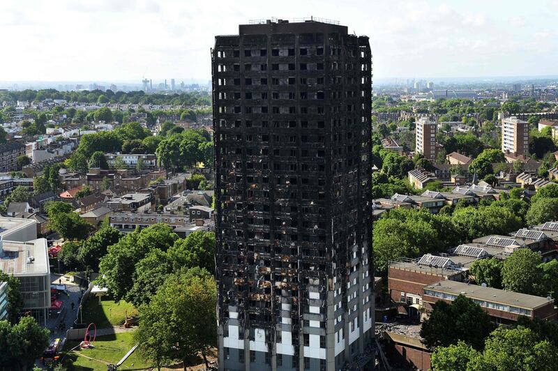 (FILES) In this file photo taken on June 16, 2017 the remains of Grenfell Tower, a residential tower block in west London which was gutted by fire, are pictured against the London skyline. The London Fire Brigade has been condemned for "serious shortcomings" and systemic failures in its response to the Grenfell Tower fire, in a report after the first phase of an inquiry on October 29, 2019. / AFP / CHRIS J RATCLIFFE
