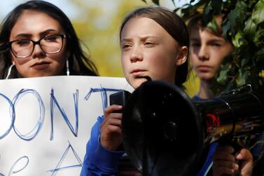 Greta Thunberg speaks at a climate change rally and march in South Dakota on Monday. Reuters
