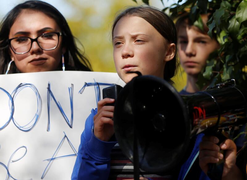 Climate change environmental activist Greta Thunberg speaks at a climate change rally and march in Rapid City, South Dakota, U.S. October 7, 2019. REUTERS/Jim Urquhart