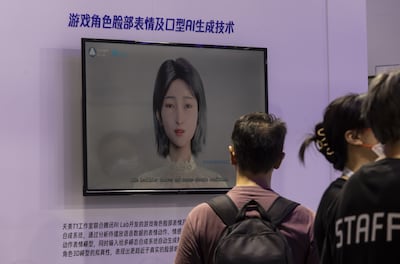 A display on generative AI technology at the Tencent  booth at the World Artificial Intelligence Conference in Shanghai. Bloomberg