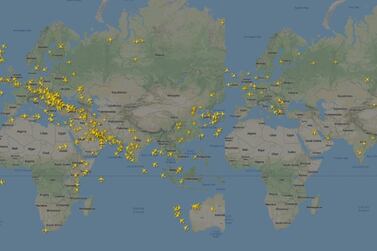 The world's skies on Wednesday, March 4, left, and on Saturday, April 4, right. Flightradar