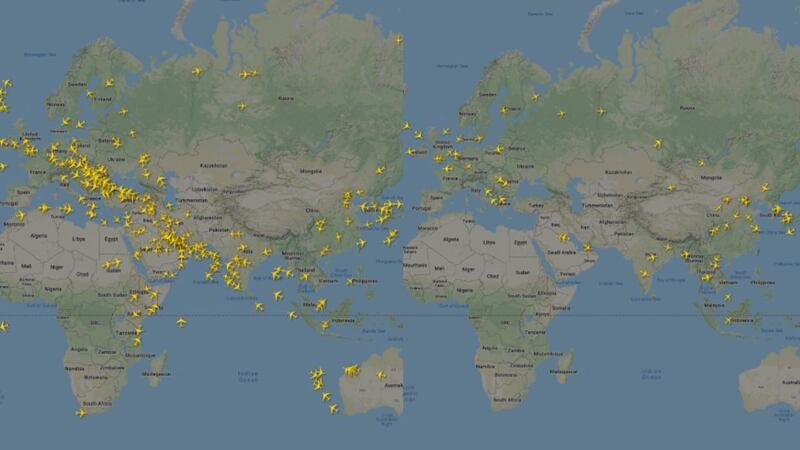 The world's skies on Wednesday, March 4, left, and on Saturday, April 4, right. Flightradar