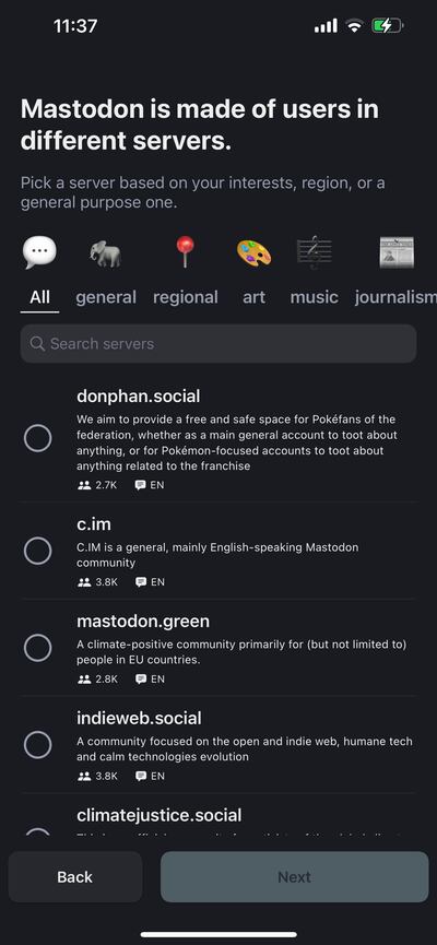A screenshot of the Mastodon app on an iPhone showing servers that a user can choose to join.