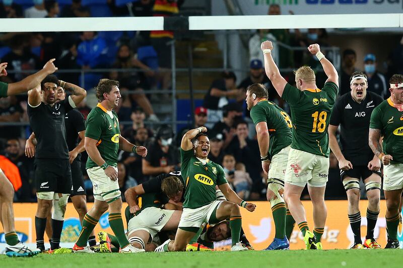 South Africa celebrate their last-gaps win over New Zealand at Cbus Super Stadium on October 02, 2021 in Gold Coast, Australia. Getty Images