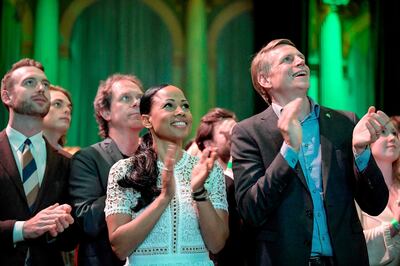 Swedish Green Party (Miljoepartiet) candidate Alice Bah Kuhnke (C) and Per Bolund (R), Minister for Financial Markets and Housing, applaud at the party's election night party as first preliminary results in the European Parliament elections are presented, at Clarion Hotell in Stockholm, Sweden on May 26, 2019.
 Sweden OUT
 / AFP / TT NEWS AGENCY / TT News Agency / Janerik HENRIKSSON
