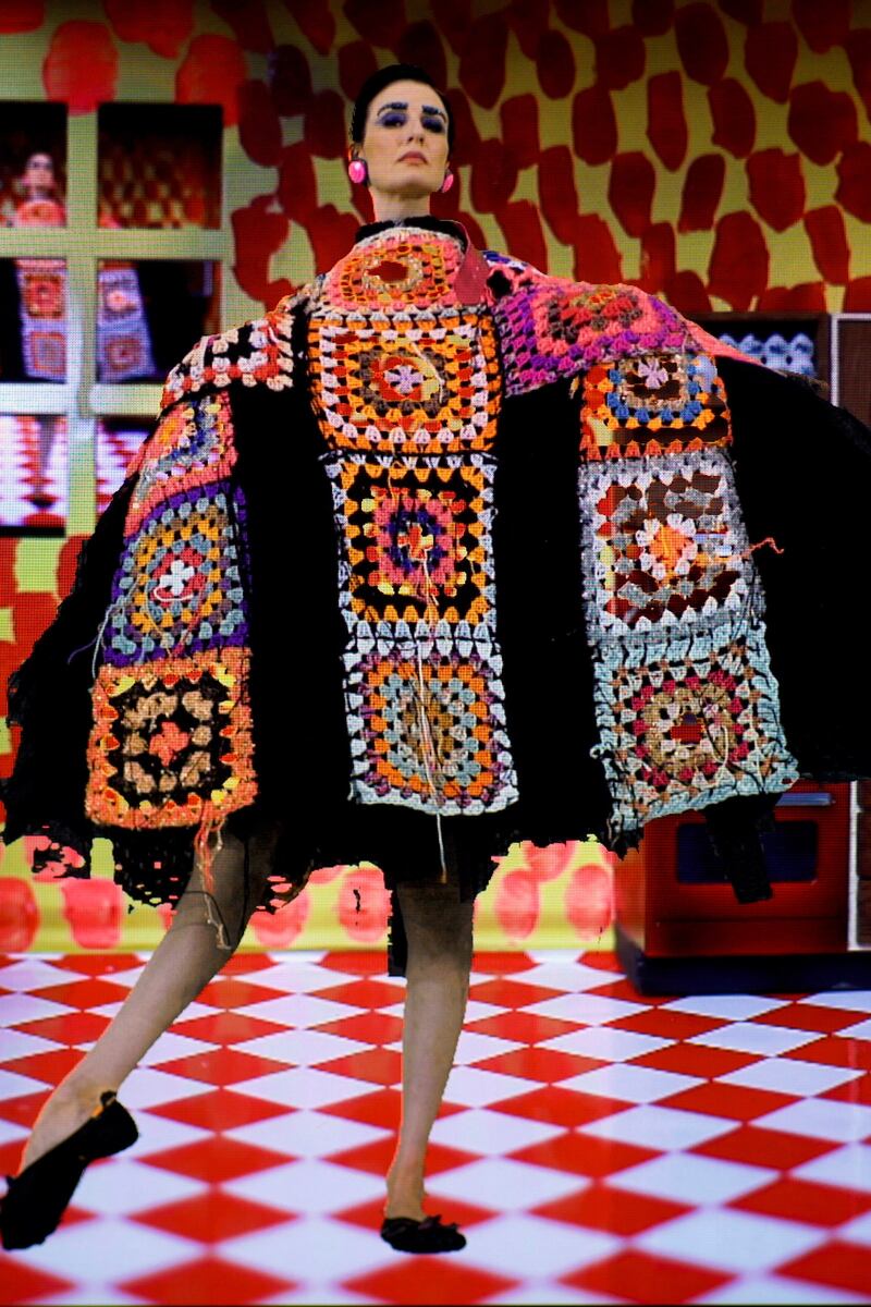 Crochet squares are transformed into a dramatic dress by Matty Bovan. Photo: Matty Bovan