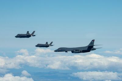 This Handout photo made avaiable by the Norwegian Armed Forces shows US Air Force B-1B bombers along with Norwegian Air Force F-35A while training in the Norwegian air space on May 20, 2020.
 The United States is deploying long-range B-1 bombers to Norway to train in the strategically important High North, a new show of force in an ongoing military build-up unseen in the region since the Cold War.

 - RESTRICTED TO EDITORIAL USE - MANDATORY CREDIT "AFP PHOTO / Norwegian Armed forces " - NO MARKETING - NO ADVERTISING CAMPAIGNS - DISTRIBUTED AS A SERVICE TO CLIENTS


 / AFP / Norwegian Armed Forces / - / RESTRICTED TO EDITORIAL USE - MANDATORY CREDIT "AFP PHOTO / Norwegian Armed forces " - NO MARKETING - NO ADVERTISING CAMPAIGNS - DISTRIBUTED AS A SERVICE TO CLIENTS


