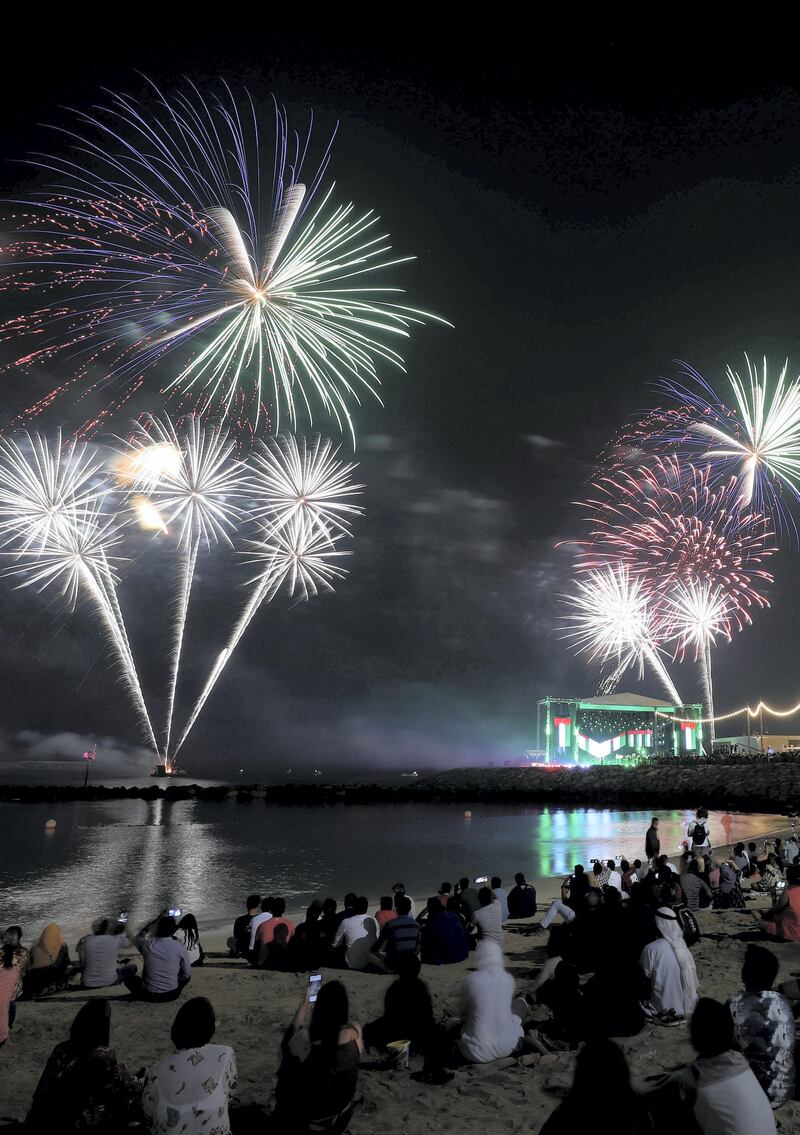 Fireworks go off at La Mer for the 48th UAE National Day on December 1, 2019. Chris Whiteoak / The National