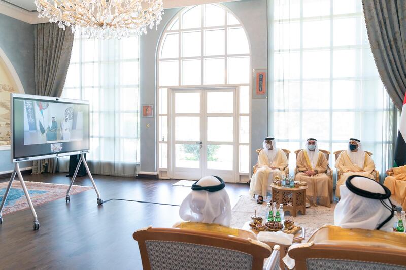 Sheikh Mohammed bin Sultan bin Khalifa and his family receive wedding wishes from Sheikh Mohamed bin Zayed, Crown Prince of Abu Dhabi and Deputy Supreme Commander of the Armed Forces, and Sheikh Theyab bin Mohamed, chairman of the Abu Dhabi Crown Prince’s Court, through video conferencing. Courtesy: Sheikh Mohamed bin Zayed Twitter