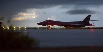 In this photo made available by the Department of Defense, a U.S. Air Force B-1B Lancer, assigned to the 37th Expeditionary Bomb Squadron, deployed from Ellsworth Air Force Base, S.D., prepares to take off from Andersen AFB, Guam, on Saturday, Sept. 23, 2017. The Pentagon says B-1B bombers from Guam and F-15 fighter escorts from Okinawa, Japan, have flown a mission in international airspace over the waters east of North Korea. (Staff Sgt. Joshua Smoot/U.S. Air Force via AP)