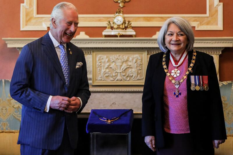 Britain's Prince Charles stands next to Canada's Governor General Mary Simon, while attending the Order of Military Merit Investiture Ceremony, on the second day of the Canadian 2022 Royal Tour, in Ottawa. Reuters
