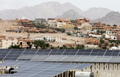 A view of solar cells on the rooftop of a hotel in the resort town of Sharm Al Sheikh, the first to operate a solar-powered plant in a bid to turn to clean energy as the city prepares to host the upcoming Cop27 summit in November, in Egypt, June 4. Reuters