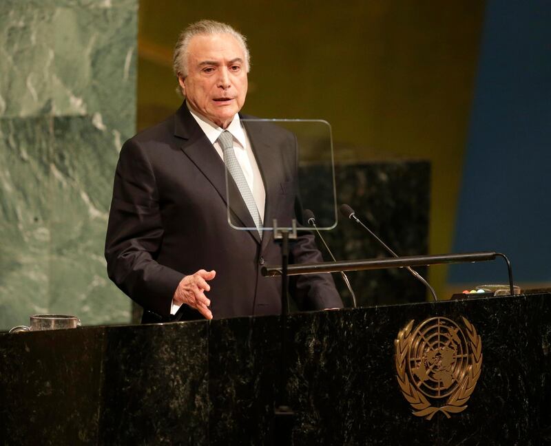 
                  Brazilian President Michel Temer speaks during the United Nations General Assembly at U.N. headquarters, Tuesday, Sept. 19, 2017. (AP Photo/Seth Wenig)
               