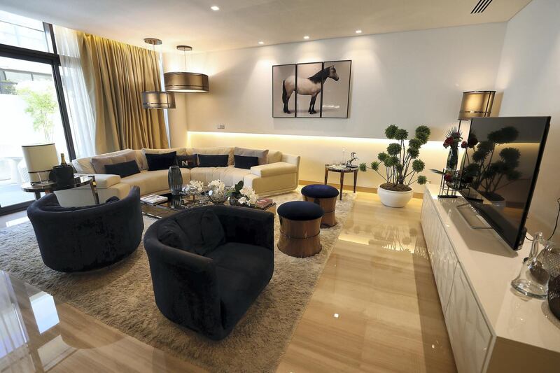 DUBAI, UNITED ARAB EMIRATES , October 26– 2020 :- View of the drawing room inside the 5 bedroom villa at the DAMAC Hills in Dubai. The cost of this villa is 4.3 million AED. (Pawan Singh / The National) For News/Online/Stock. Story by Nick Webster 