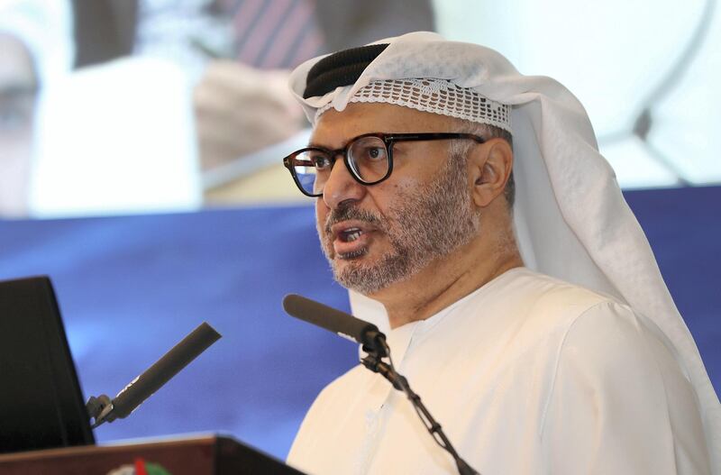 ABU DHABI, UNITED ARAB EMIRATES , Feb 24  – 2020 :- Dr. Anwar bin Mohammed Gargash, Minister of State for Foreign Affairs, United Arab Emirates speaking during the Gulf Security Symposium held at The Emirates Centre for Strategic Studies and Research in Abu Dhabi. (Pawan  Singh / The National) For News/Online.  Story by Daniel