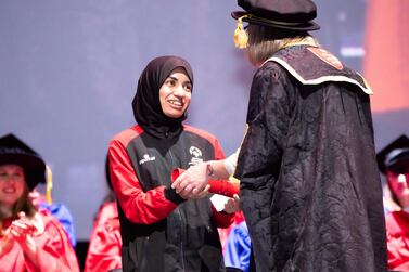 Emirati sprinter Hamda Al Hosani receives an honorary doctorate from Middlesex University in Dubai for raising the profile of women in sports and changing the perception of people with disabilities. The athlete - who won Special Olympics medals in the 100m and 200m - is recognised at a special ceremony at the Dubai Opera on Saturday. Courtesy: Middlesex University Dubai