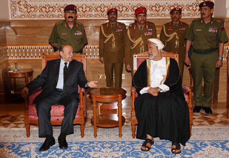 Oman's newly sworn-in Sultan Haitham bin Tariq al-Said receives condolences from Yemen's President Abd Rabbuh Mansur Al-Hadi in Muscat, Oman January 12, 2020.  Oman News Agency/Handout via REUTERS ATTENTION EDITORS - THIS IMAGE WAS PROVIDED BY A THIRD PARTY. NO RESALES. NO ARCHIVES.