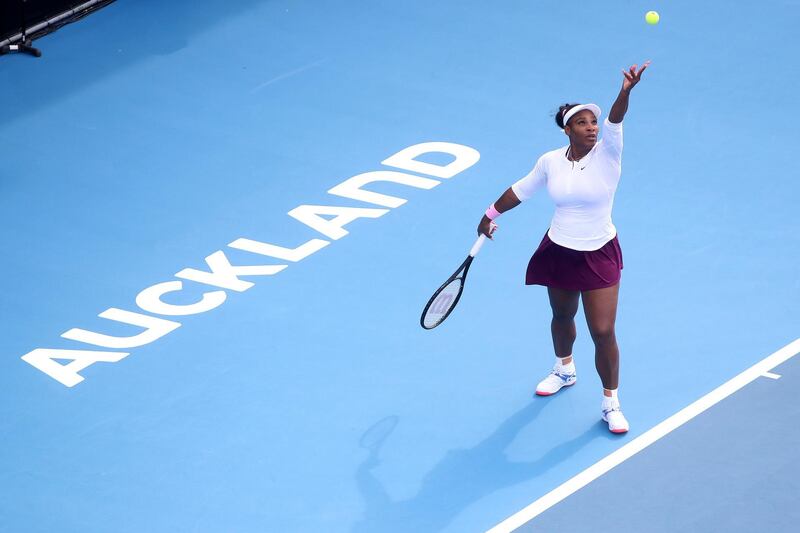 Serena Williams serves during her first round match against Camila Giorgi on Day Two of the 2020 Auckland Classic. Getty Images