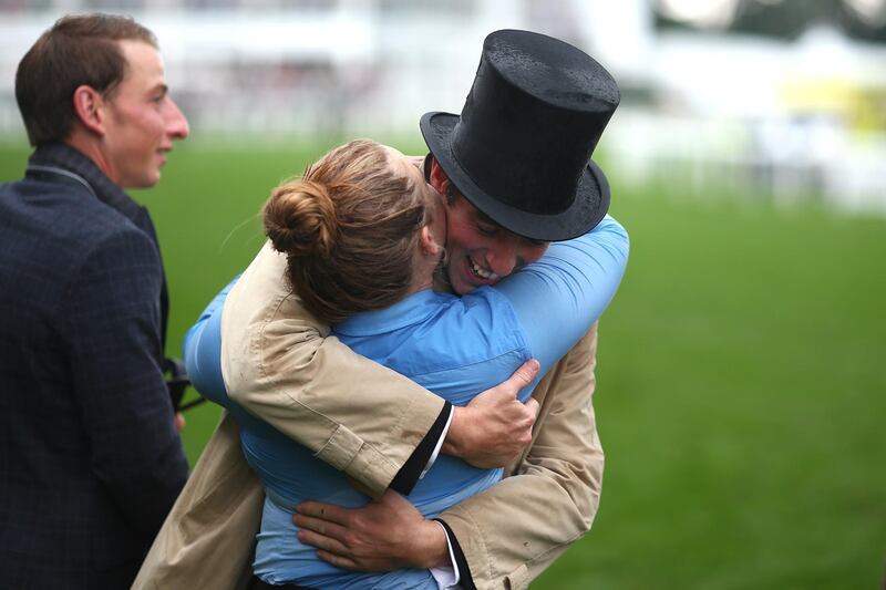 Winning connections celebrate after Daniel Tudhope rides Move Swiftly to win The Duke of Cambridge Stakes. Getty Images