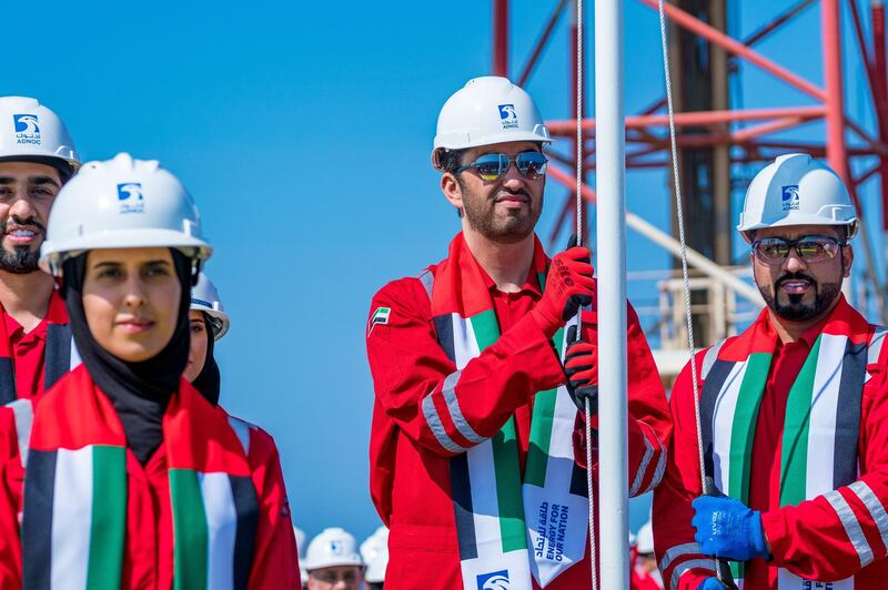 In a flag raising ceremony on the Umm Shaif platform, Dr. Sultan Al Jaber, Minister of State and CEO of ADNOC, hoisted the UAE flag in the presence of ADNOC employees who work around the clock to ensure a reliable supply of energy to the UAE and the world. wAM