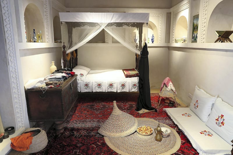 SHARJAH , UNITED ARAB EMIRATES , APRIL 24  – 2018 :- Traditional bedroom at the Bait Al Naboodah which was built around 1845 is one of the Sharjah’s most stunning heritage buildings. Once the home of Obaid Al Naboodah , one of Sharjah’s most successful pearl merchants, the grand two storey building has undergone extensive renovation to return it to its former glory in the heart of old Sharjah. ( Pawan Singh / The National ) For Arts & Life. Story by Melissa Gronlund 