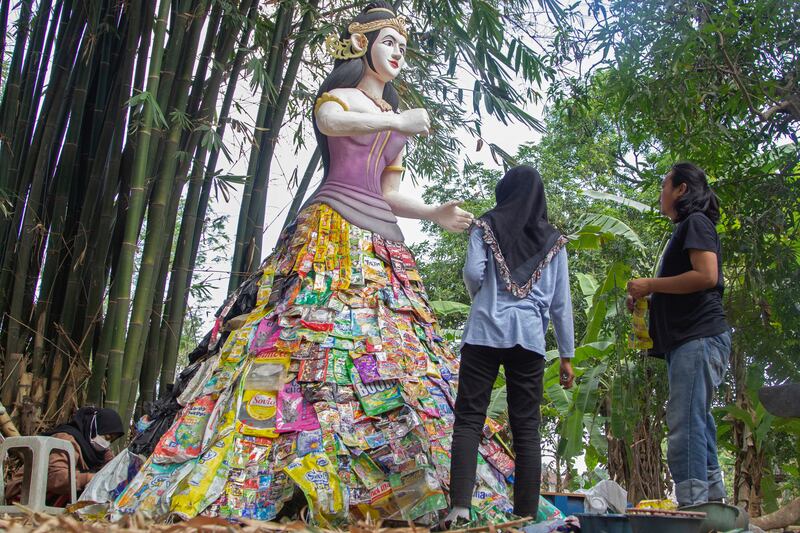 Ecoton volunteers built a mock-up of the Goddess Sri, the goddess of rice and prosperity for Javanese people, from plastic waste collected from several rivers around the city, at the plastic museum in Gresik regency near Surabaya.