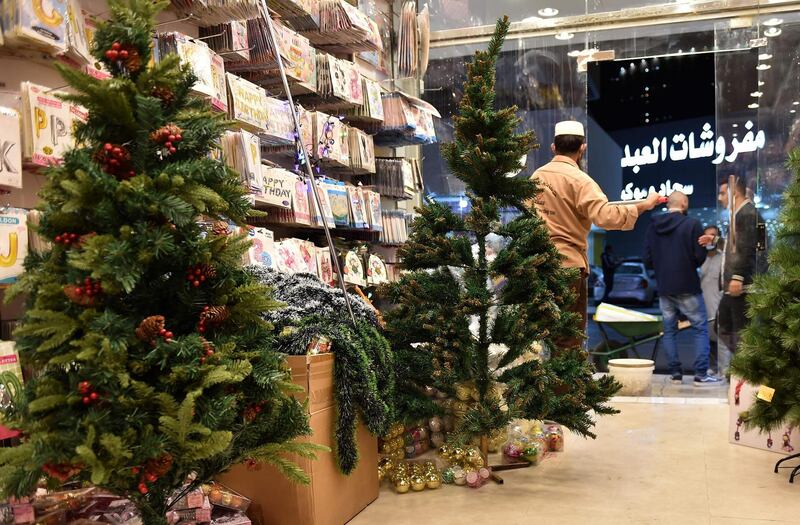 Christmas decorations are displayed for sale at a gift shop in Saudi Arabia's capital Riyadh. AFP