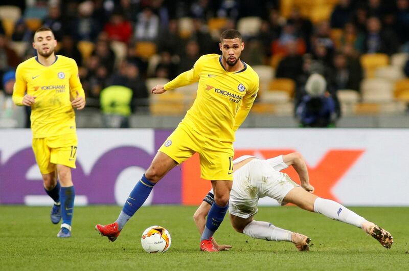 Soccer Football - Europa League - Round of 16 Second Leg - Dynamo Kiev v Chelsea - NSC Olympiyskiy, Kiev, Ukraine - March 14, 2019  Chelsea's Ruben Loftus-Cheek in action with Dynamo Kiev's Serhiy Sydorchuk   REUTERS/Valentyn Ogirenko