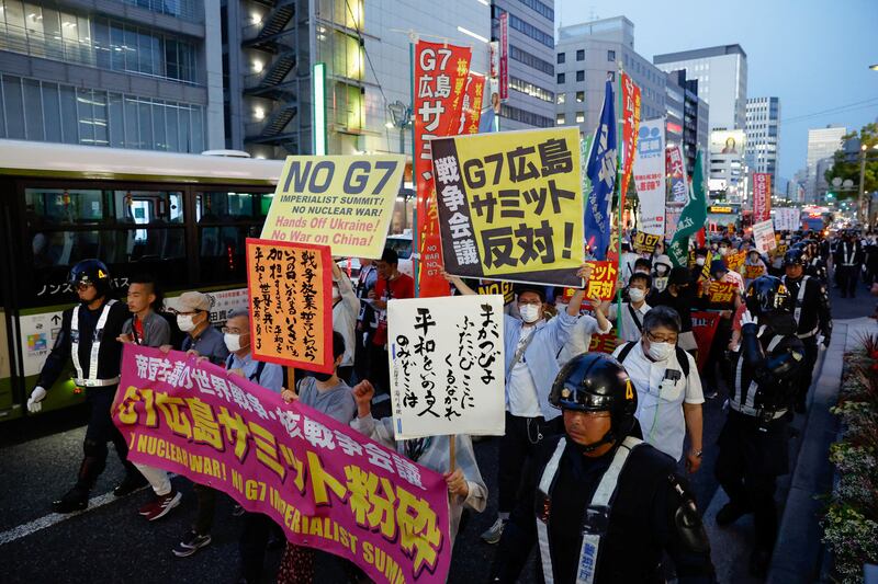 Anti-G7 protesters demonstrate before the summit in Hiroshima. Reuters