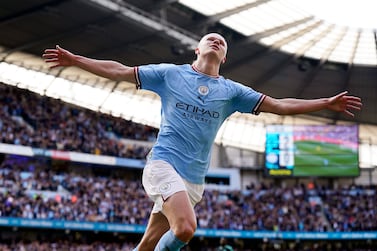 Erling Haaland of Manchester City celebrates scoring the 3-0 lead during the English Premier League soccer match between Manchester City and Leicester City in Manchester, Britain, 15 April 2023.   EPA/TIM KEETON EDITORIAL USE ONLY.  No use with unauthorized audio, video, data, fixture lists, club/league logos or 'live' services.  Online in-match use limited to 120 images, no video emulation.  No use in betting, games or single club / league / player publications