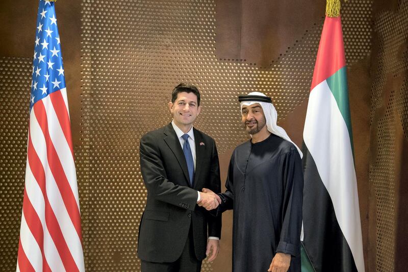 ABU DHABI, UNITED ARAB EMIRATES - January 25, 2018: HH Sheikh Mohamed bin Zayed Al Nahyan, Crown Prince of Abu Dhabi and Deputy Supreme Commander of the UAE Armed Forces (R), stands for a photograph with Paul Ryan, Speaker of the US House of Representatives (L).

( Mohamed Al Hammadi / Crown Prince Court - Abu Dhabi )
---