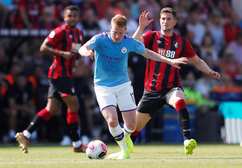 Manchester City's Kevin de Bruyne in action with Bournemouth's Chris Mepham. Reuters