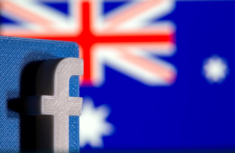 FILE PHOTO: A 3D printed Facebook logo is seen in front of displayed Australia's flag in this illustration photo taken February 18, 2021. REUTERS/Dado Ruvic/Illustration/File Photo