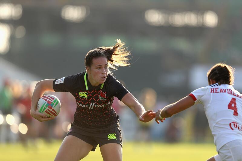DUBAI, UNITED ARAB EMIRATES - NOVEMBER 29:  Emily Scarratt of England in action on day one of the Emirates Dubai Rugby Sevens - HSBC World Rugby Sevens Series at The Sevens Stadium  on November 29, 2018 in Dubai, United Arab Emirates.  (Photo by Francois Nel/Getty Images)