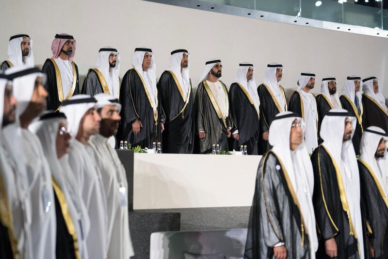 ABU DHABI, UNITED ARAB EMIRATES - February 26, 2018: (L-R) HH Sheikh Mohamed bin Saud bin Saqr Al Qasimi, Crown Prince and Deputy Ruler of Ras Al Khaimah, HH Sheikh Ammar bin Humaid Al Nuaimi, Crown Prince of Ajman, HH Sheikh Hamdan bin Mohamed Al Maktoum, Crown Prince of Dubai, HH Sheikh Saud bin Saqr Al Qasimi, UAE Supreme Council Member and Ruler of Ras Al Khaimah, HH Sheikh Mohamed bin Zayed Al Nahyan, Crown Prince of Abu Dhabi and Deputy Supreme Commander of the UAE Armed Forces, HH Sheikh Mohamed bin Rashid Al Maktoum, Vice-President, Prime Minister of the UAE, Ruler of Dubai and Minister of Defence, HH Sheikh Hamad bin Mohamed Al Sharqi, UAE Supreme Council Member and Ruler of Fujairah, HH Sheikh Saud bin Rashid Al Mu'alla, UAE Supreme Council Member and Ruler of Umm Al Quwain, HH Sheikh Abdullah bin Salem Al Qasimi, Deputy Ruler of Sharjah, HH Sheikh Tahnoon bin Mohamed Al Nahyan, Ruler's Representative in Al Ain Region, HH Sheikh Hazza bin Zayed Al Nahyan, Vice Chairman of the Abu Dhabi Executive Council, and HE Sheikh Khaled bin Ahmed bin Mohamed Al Khalifa, Minister of Foreign Affairs of Bahrain, attend inauguration of The Founder’s Memorial.  
( Ryan Carter for the Crown Prince Court - Abu Dhabi )
---