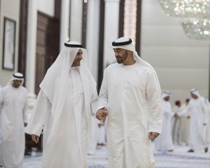 Sheikh Mohammed bin Zayed, Crown Prince of Abu Dhabi and Deputy Supreme Commander of the Armed Forces, receives Sheikh Hamad bin Mohammed Al Sharqi, Ruler of Fujairah, during iftar at Al Bateen Palace. Mohamed Al Hammadi / Crown Prince Court – Abu Dhabi  