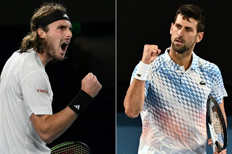 Serbia's Novak Djokovic, right, and Greece's Stefanos Tsitsipas play in the Australian Open men's singles final on Sunday. AFP