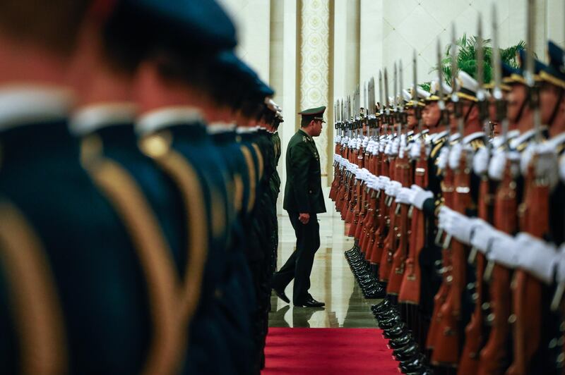 The Chinese People's Liberation Army honour guard prepares to welcome Cameroon's President Paul Biya in Beijing, China. Roman Pilipey / EPA